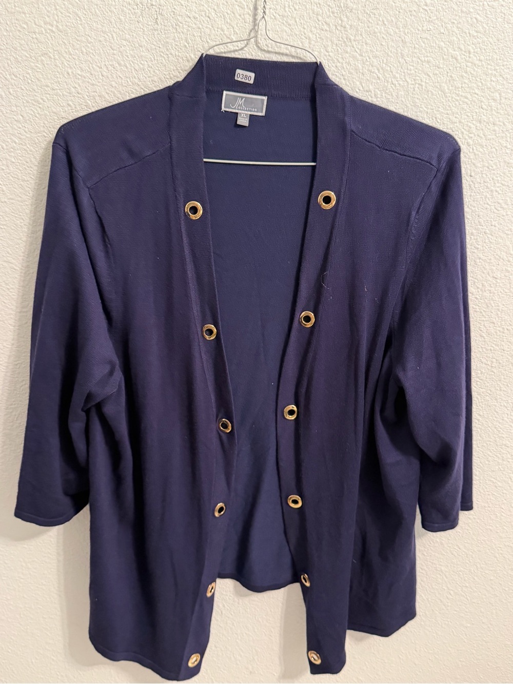 JM Collection Navy Open-Front Cardigan with Gold Eyelets